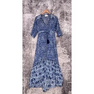 Miss June Paris Dress Small Womens Blue Paisley Print Tasseled Long Maxi
